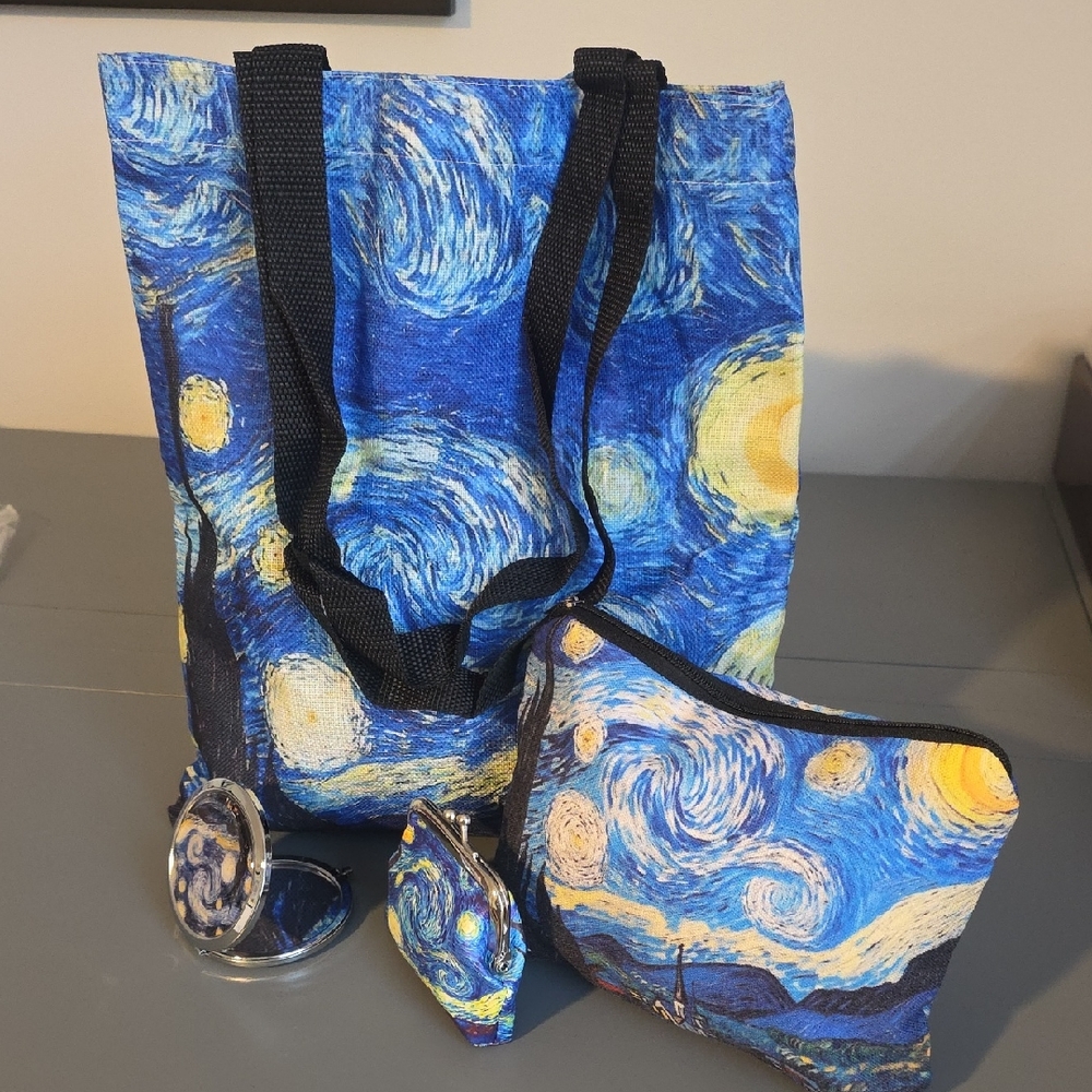 STARRY NIGHT Print Canvas Tote, Cosmetic Pouch, Coin Pouch, And Compact Mirror